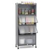 5-Tier Rolling Microwave Stand Flip Dust-Proof Doors 4 Casters with Brakes Kitchen Storage Rack Gray