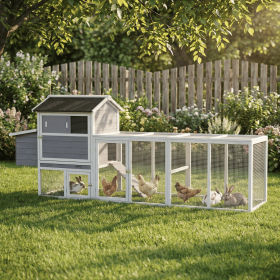 Gray Wooden Chicken Coop, Large Outdoor Hen House with Run and Nesting Box Poultry Cage, Rabbit Hutch, Waterproof Anti-UV Panel for Backyard